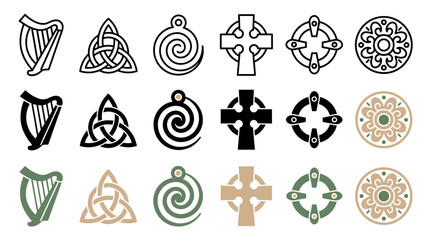 Obraz na płótnie Canvas Set of traditional Celtic and Gaelic symbols like the harp, triquetra knot, and high cross, shown as a collection of icons in outline, solid, and colored graphic styles