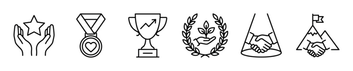 Obraz premium Set of black line icons representing success, achievement, and partnership, including a trophy, medal, star award, handshake, and goal symbols in a minimalist outline style