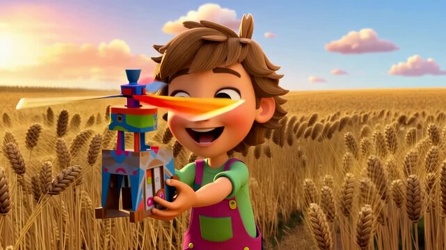 Happy boy plays with toy windmill in wheat field cartoon animation style rural landscape childrens concept animated movie clip