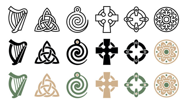 Set of traditional Celtic and Gaelic symbols like the harp, triquetra knot, and high cross, shown as a collection of icons in outline, solid, and colored graphic styles
