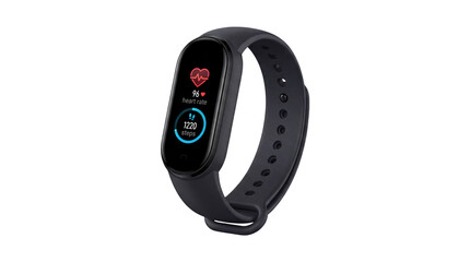 A sleek black fitness tracker displays heart rate and steps ideal for health and tech website on transparent background