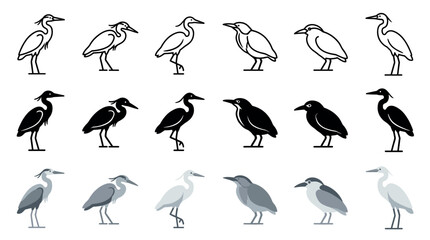 Fototapeta premium Collection of heron and egret bird illustrations in various poses, presented as a set of icons in three distinct styles: simple line art, solid black silhouette, and flat color design