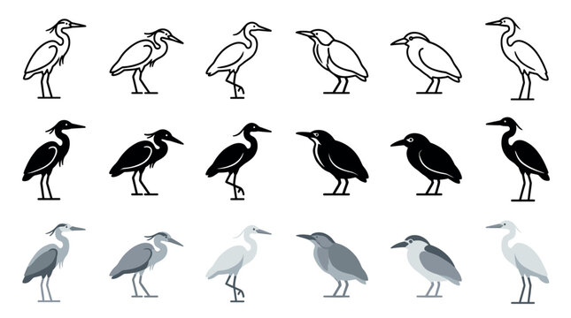 Collection of heron and egret bird illustrations in various poses, presented as a set of icons in three distinct styles: simple line art, solid black silhouette, and flat color design