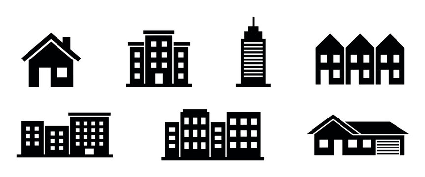 Collection of black building and house icons showing different architectural styles like skyscrapers, apartments, townhouses, and suburban homes in a clean vector silhouette design