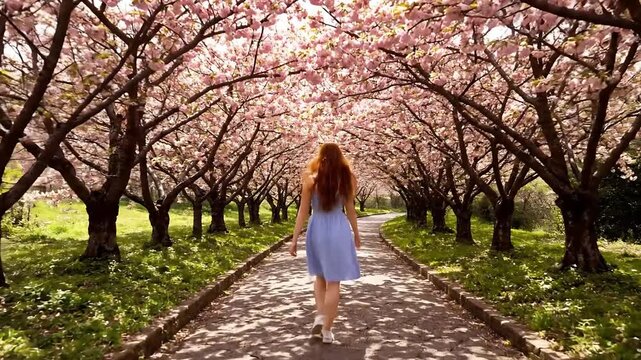 Cinematic 4k view of a woman walking down a cherry blossom path in spring season, pure bliss and nature's beauty