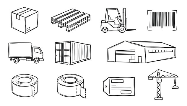 Set of logistics and shipping icons hand-drawn in a simple black and white doodle style, featuring a truck, forklift, warehouse, container, box, pallet, and barcode for supply chain concepts