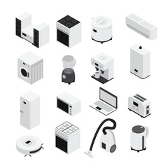 Isometric collection of 16 modern white household appliances and electronics, including kitchen tools, laundry equipment, and personal computing devices.