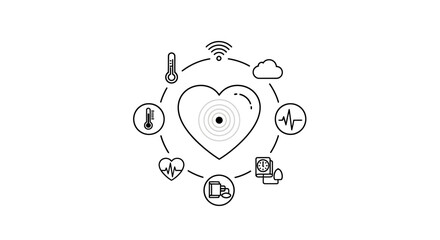Obraz premium Digital Heart Health Monitoring Icons: ECG, Thermometer, Cloud, WiFi, Pills