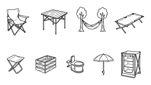 Set of camping equipment icons featuring a folding chair, table, hammock, cot, stool, crate, toilet, umbrella, and cupboard in a simple black and white line art illustration style