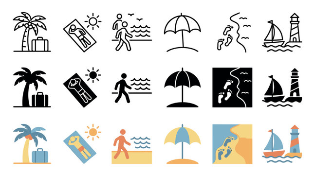 Set of beach vacation themed icons in three different design styles, including thin line, black silhouette, and colorful flat illustrations of summer holiday activities and symbols