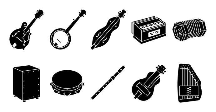 Set of black musical instrument glyphs featuring folk and world music objects like mandolin, banjo, accordion, and cajon in a simple minimalist icon style collection