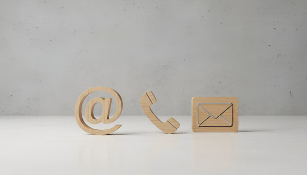 Minimalist Contact Icons on Wood: Email, Phone, and Email &ldquo;at&rdquo; Symbol