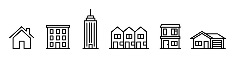 Set of black line art building icons showing various types of residential real estate like a house, apartment, skyscraper, and townhouse in a simple minimalist graphic style