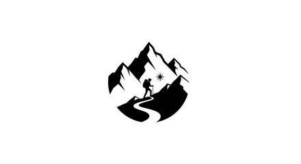 Mountain Hiking Adventure Silhouette Logo with Star and Winding Path