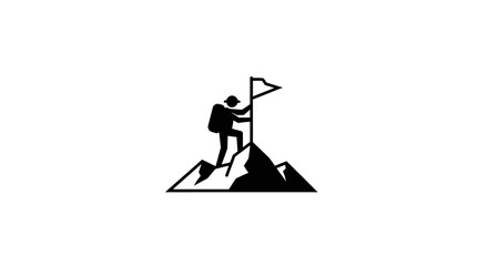 Mountain Climber Planting Flag on Peak Symbolizing Success and Achievement