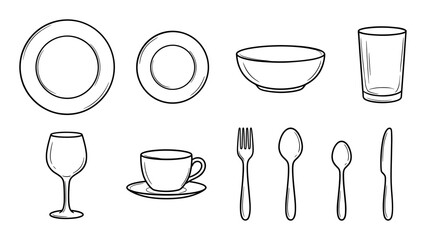 Set of black and white tableware illustrations including plates, a bowl, glasses, a cup, and cutlery like a fork, spoons, and a knife, all in a simple hand-drawn line art style