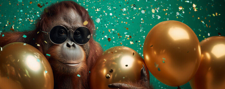 Funny orangutan ape monkey wearing round sunglasses holding happy birthday balloons and confetti explosion flying around greeting card on green background with copy space.