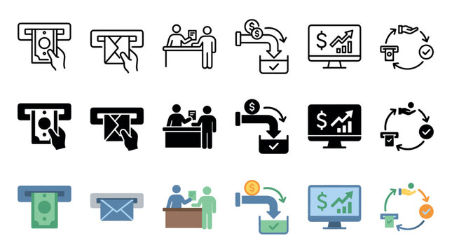 Collection of financial and banking icons presented in three distinct styles including line, glyph, and flat color, illustrating concepts like ATM withdrawal, deposit, and cashback