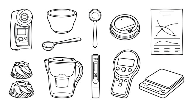 Hand-drawn coffee brewing and analysis tools featuring a digital scale, refractometer, water filter pitcher, and cupping spoon, illustrated in a simple black outline sketch style