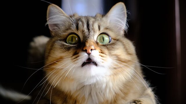 Curious tabby cat, looking at camera, observing. Shocked surprised expression . Meme, fun. Portrait of tabby cat, intensive staring. Mixed breed, siberian cat, norwegian forest cat.