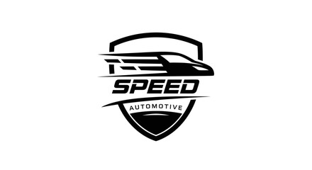 Speed Automotive Car Logo Design with Fast Moving Vehicle in Shield Icon