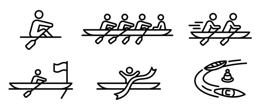 Six black outline icons illustrating various rowing and canoeing activities, featuring single sculls, crew boats, and competitive racing elements like finish lines and buoys