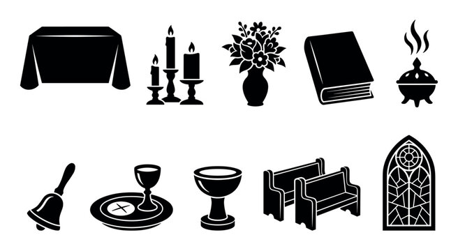 Various black silhouette religious icons representing church elements and sacred objects, presented in a clean, graphic, and symbolic vector style