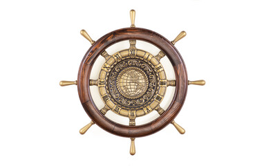 Wooden steering wheel with a world map isolated on white background