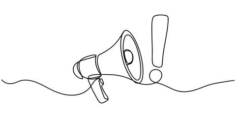 Continuous single line sketch drawing of megaphone exclamation mark attention warning sign one line vector illustration, Megaphone Continuous Line Icon, Megaphone Continuous Line Icon. © Creative Tania