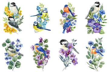 Watercolor spring birds clipart set with chickadee blue tit and bluebird surrounded by flowers mimosa pansy cornflower leaves © Hanna