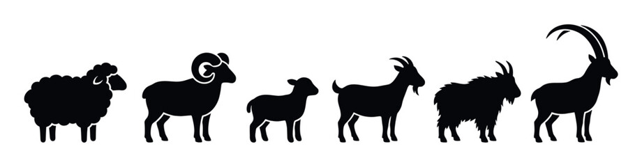 Obraz premium Six black silhouettes of various sheep and goats are depicted in a horizontal line, showcasing different breeds and ages with distinct horn shapes and wool textures in a clean, graphic style