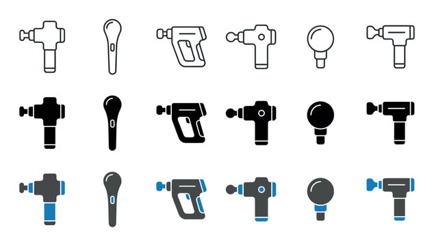 Collection of various massage gun and thermometer icons in outline, solid black, and two-tone styles, presented in a clean, modern, and minimalist design