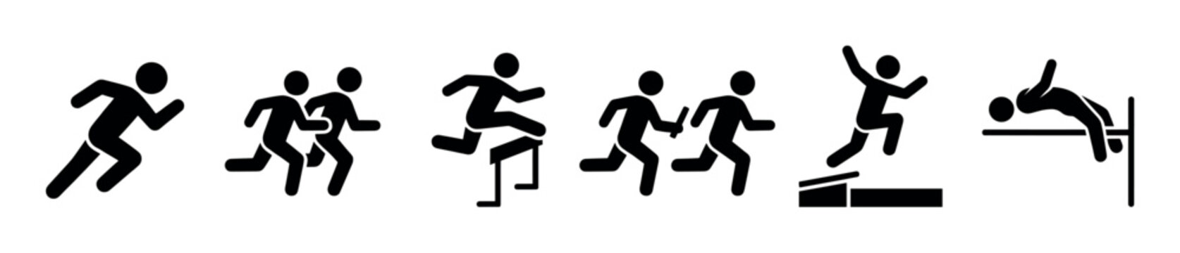 Six distinct black stick figures depict various athletic track and field events including running, hurdling, relay, long jump, and high jump, presented as a clear, simple vector illustration