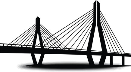 Fototapeta premium Cable stayed bridge silhouette with two towers and suspension cables on white background