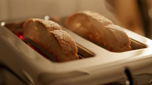 Close-up of bread slices toasting in a chrome toaster with glowing red heating elements