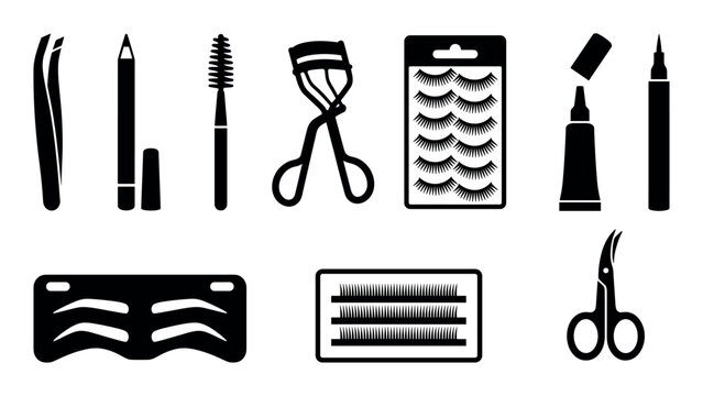 Various black silhouette eye makeup and beauty tools are neatly arranged, depicting essential items for enhancing eyelashes and eyebrows in a clean, graphic style
