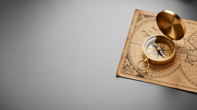 Open vintage brass compass with golden lid resting on an antique nautical map parchment. Soft light on gray studio background. Symbol of adventure, exploration, navigation, discovery, and journey