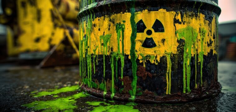 The Radioactive Barrel Dripping Neon Green Toxic Sludge On Rusty Industrial Concrete Surface