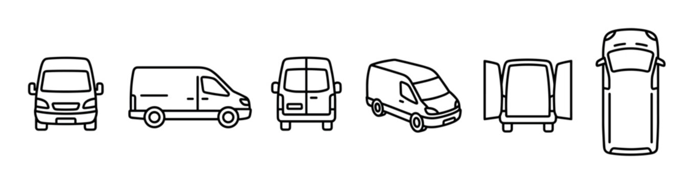 Six black outline delivery van icons showing various perspectives: front, side, rear, isometric, open doors, and top views, rendered in a minimalist line art style