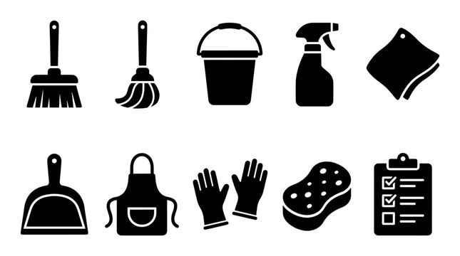 Various black silhouette cleaning tools and household items are neatly arranged in a grid, depicting essential equipment for hygiene and maintenance tasks with a minimalist icon style