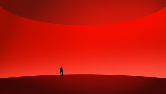 Bold poster businessman silhouette in red abstract landscape. Concept of startup launch, business risk, market entry strategy, investor pitch positioning and leadership breakthrough vision.