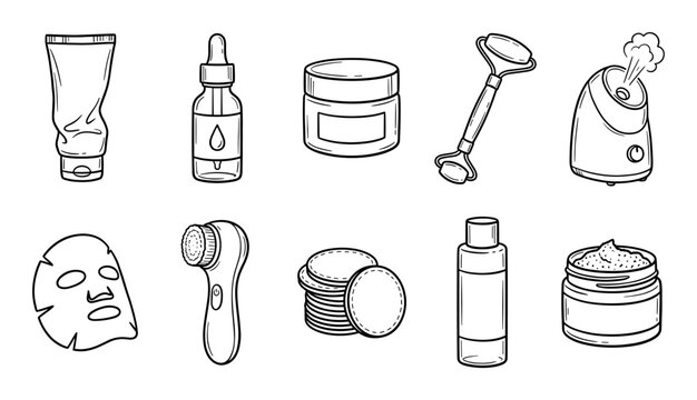 Various hand-drawn black outline skincare beauty products and tools are neatly arranged, showcasing a collection of essential items for a daily facial routine in a clean, illustrative style