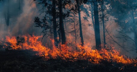 The Wildfire Consuming a Pine Forest Rim Under Dramatic Smoke and Ember Light
