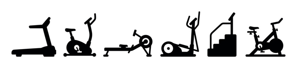 Naklejka premium Six black silhouette gym fitness machines are neatly arranged in a horizontal row, showcasing essential exercise equipment for a healthy lifestyle