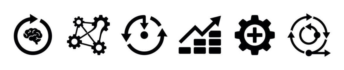 Obraz premium Six distinct black business process icons illustrate concepts of continuous improvement, innovation, collaboration, growth, and optimization in a clean, professional vector style