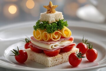 a mini sandwich with cheese and ham in the shape of a christmas tree on a white plate, small red tomatoes arranged around it, a star shaped yellow curly garnish on top of a miniature tomato