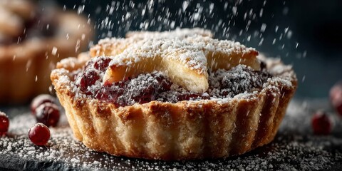 a christmas themed mini pie with a star shape in the middle, against a dark background with simulated snow falling.