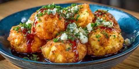 fried islands chicken and cheese fritters in a blue bowl on a wooden table