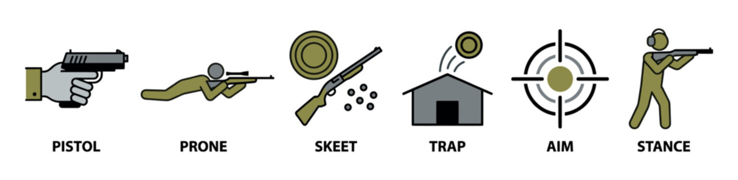 Set of shooting sport icons depicts pistol, prone, skeet, trap, aim, and stance, presented in a clean, modern, and illustrative style with clear outlines