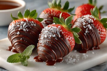 chocolate covered strawberries on a white marble board